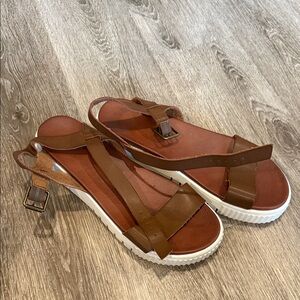 MIA Brown Leather T-Strap Slingback Sandals with White Platform